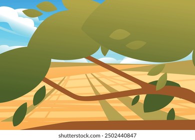 Sunny landscape with foreground tree and rural meadow field. Tree with green leaves. Vector illustration.