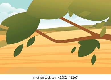 Paisaje soleado con árbol en primer plano y campo de pradera rural. Árbol con hojas verdes. Ilustración vectorial.