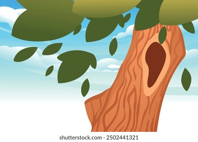 Sunny landscape with foreground tree trunk and blue sky with white clouds. Tree with green leaves. Vector illustration.