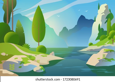 Sunny landscape. Forest and mountains near the lake. Vector illustration