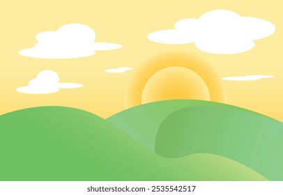 Sunny landscape, green grass mountain and sun with cloud and yellow bright sky vector art for kid, animation, motion background, and more