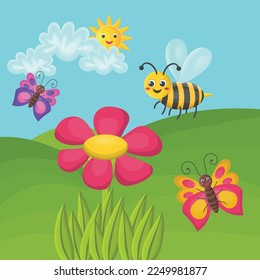 Sunny landscape with lawn, cute bee and butterflies, pink flower, sun and clouds, sunny summer day. The concept of happiness. Good mood.