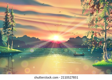 Sunny landscape with park or garden, water reflections, green grass, forest trees as pines and birches, sunlight, summer lake or pond with fisherman on vessel, birds, sun, morning nature artwork.