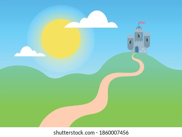 Sunny landscape. Road to the castle