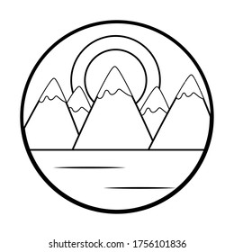 Sunny landscape with snowy mountains over white background, line style, vector illustration