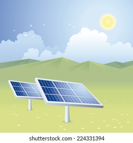 Sunny landscape with solar panels, renewable energy scene