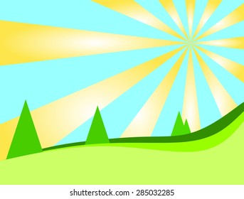Sunny landscape with trees on the hill