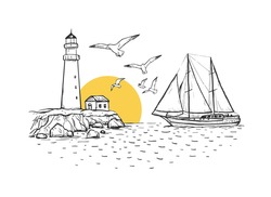 Sunny Landscape Vector Sketch Illustration With Lighthouse, Sailboat, Seagulls, Sun And Sea. Design For Poster And Card. Print For T-shirt, Bag And Pillow