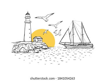 Sunny landscape vector sketch illustration with lighthouse, sailboat, seagulls, sun and sea. Design for poster and card. Print for t-shirt, bag and pillow