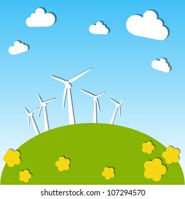 Sunny landscape with windmills