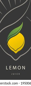 Sunny lemon flavor juice packaging design template.Abstract bright taste fruit citrus yellow lemon logo with green leaf sign,fresh icon,juice concentrate symbol from curved lines.Vector illustration
