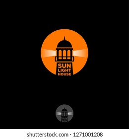 Sunny lighthouse logo. Silhouette of a lighthouse with rays in the orange circle.