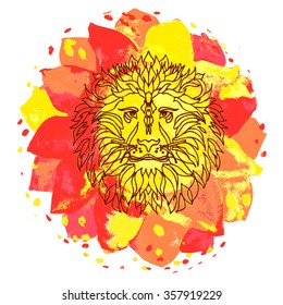 Sunny lion.Vector linear picture of a lion's head on the background with the image of the sun.