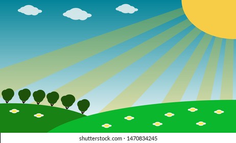 Sunny meadow with flowers and trees