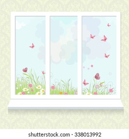 sunny meadow with flowers from window