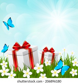 Sunny meadow with gift boxes