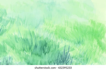 Sunny meadow with green grass, abstract summer watercolor background, vector illustration