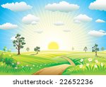 Sunny Meadow landscape of vector illustration layered.