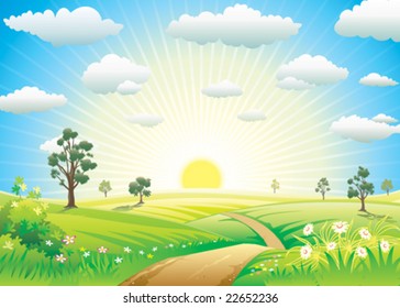 Sunny Meadow landscape of vector illustration layered.