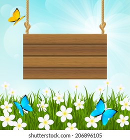 Sunny meadow with wooden signboard