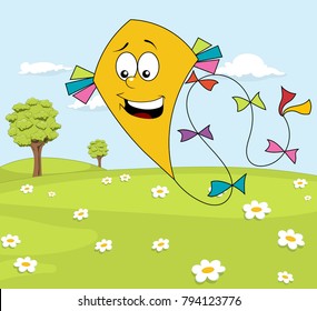 Sunny meadow with yellow kite floating over blue sky