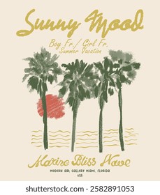 Sunny Mood. summer vacation. palm paradise. beach club slogan print for palm beach. Palm tree summer beach t shirt print design, Vintage Retro sunset or sunrise. surfing with big wave.