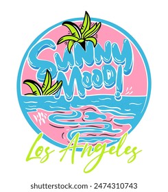 sunny mood tropical slogan with palm and sea waves, vector illustration, for t-shirt graphic.