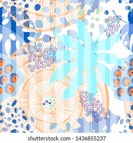 Sunny morning. Abstract seamless pattern. Plant motif, leaves, flowers, seeds, circles, twigs, stripes, strokes, points. Vector illustration.