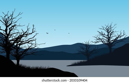 Sunny morning with beautiful mountain views from the riverbank. Vector illustration of a city