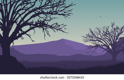 Sunny morning with fantastic mountains views from the outskirts of town. Vector illustration of a city