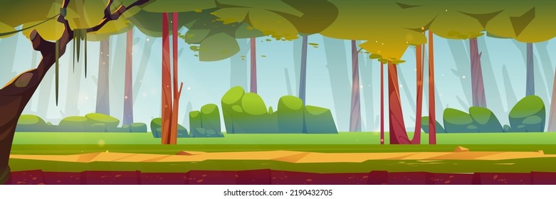 Sunny morning in green forest, cartoon landscape. Vector illustration of deep wood with tall trees, bushes, footpath in grass. Sunshine beams falling on ground. Beautiful summer nature panorama