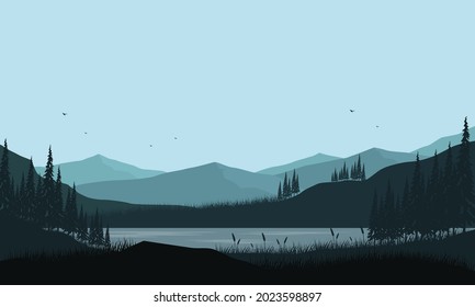 A sunny morning with mountain views and an aesthetically pleasing silhouette of pine trees from the riverbank. Vector illustration of a city