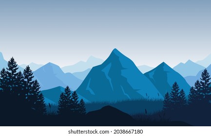 Sunny morning with stunning mountain views from out of town. Vector illustration of a city