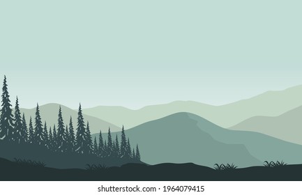 Sunny morning with views of the mountains and silhouettes of beautiful pine trees in the countryside. Vector illustration of a city