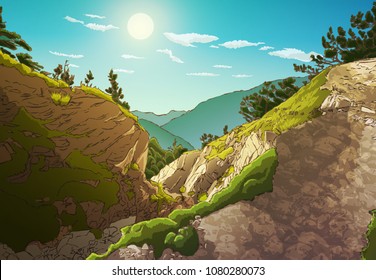 Sunny mountain landscape with outlines.
Background vector illustration.
