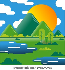 sunny mountain scenery vector drawing background