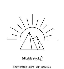 Sunny mountains outline logo. Egypt pyramid. Sunset and sunrise. Minimal badge for company branding. Customizable linear contour symbol. Editable stroke. Vector stock illustration