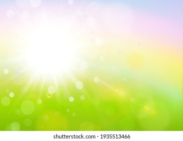 Sunny natural background, summer sun with green grass and blurry bokeh as fresh green spring background, nature vector illustration.