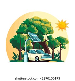 Sunny Nature Background With Solar Panel Stand And Car Illustration. Eco Friendly And Ecosystem Concept.