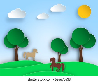 Sunny nature landscape with trees, meadow, horse in paper art style. Greeting card design. Vector illustration.