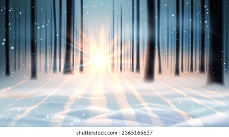 Sunny New Year's winter landscape, defocused snowy forest with trees, with falling snow and sun, background.