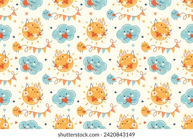 Sunny nursery wallpaper. Funny seamless background for kids bedroom or playroom. Hand drawn Vector graphic. Cute cloud, little birds and sun. Doodle baby shower or kids party decor.