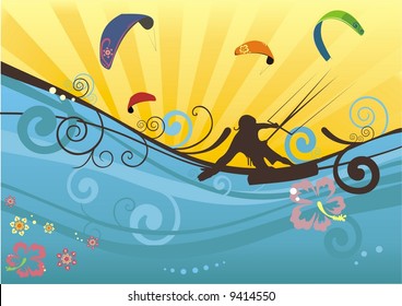 sunny ocean background with kitesurfer, hibiscus and kites