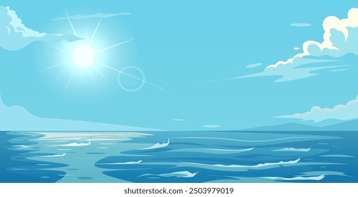 Sunny ocean scene with blue sky and clouds, illustration on a light blue background. Concept of a serene and bright seascape. Vector illustration