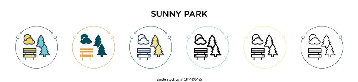 Icono de parque soleado en estilo relleno, delgado, contorno y trazo. Ilustración vectorial de dos iconos vectoriales coloridos y negros del parque solar pueden utilizarse para móviles, ui, web