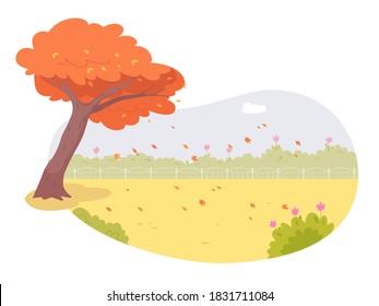 Sunny park on autumn day. Maple tree, leaves falling, sky with clouds, grass and lawn with flowers background. Relaxing scene in nature vector illustration. Horizontal view of beautiful landscape.