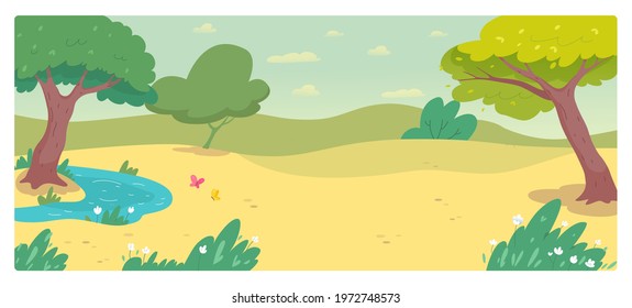 Sunny park on summer day. Trees, sky with clouds, butterfly, grass and lawn background. Relaxing scene in nature vector illustration. Horizontal view of beautiful landscape