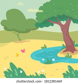 Sunny park with pond on summer day. Trees, sky with clouds, butterfly, grass and lawn background. Relaxing scene in nature vector illustration. Horizontal view of beautiful landscape.