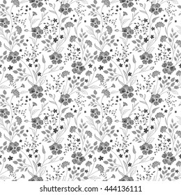 Sunny pastel floral print. Seamless background. Cute little flowers. Black and white. Vector illustration.