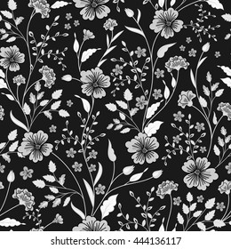 Sunny pastel floral print. Seamless background. Cute little flowers. Black and white. Vector illustration.